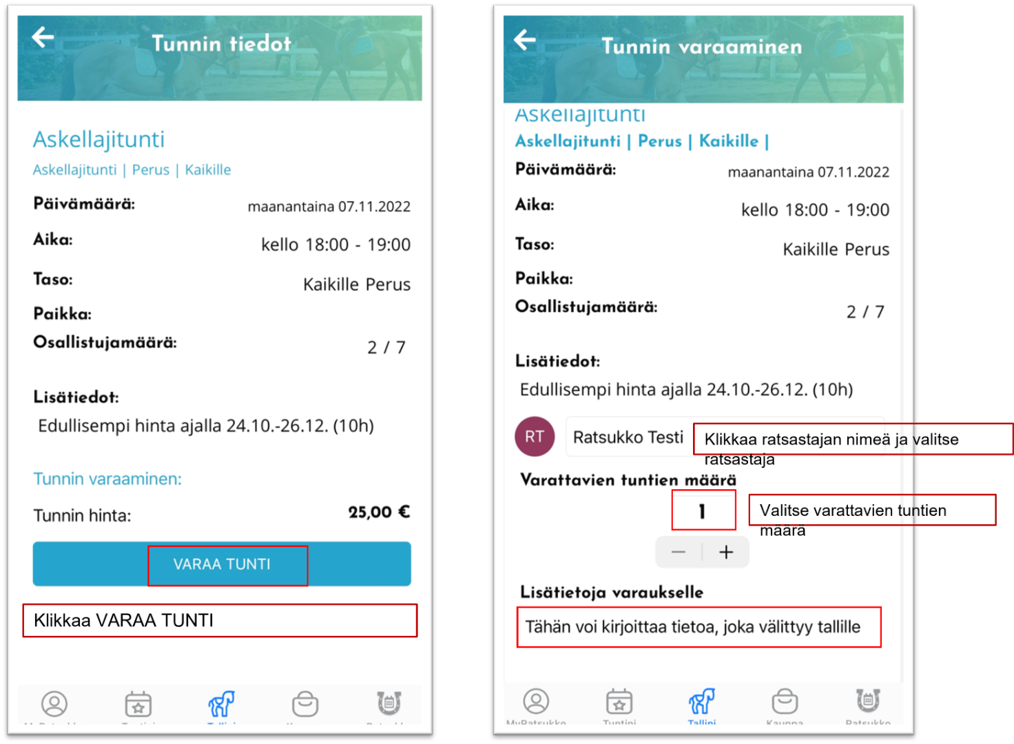 MyRatsukko ohjeet tunnin varaamiseen ja maksamiseen