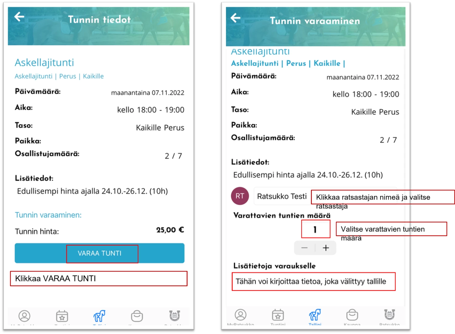 MyRatsukko ohjeet tunnin varaamiseen ja maksamiseen